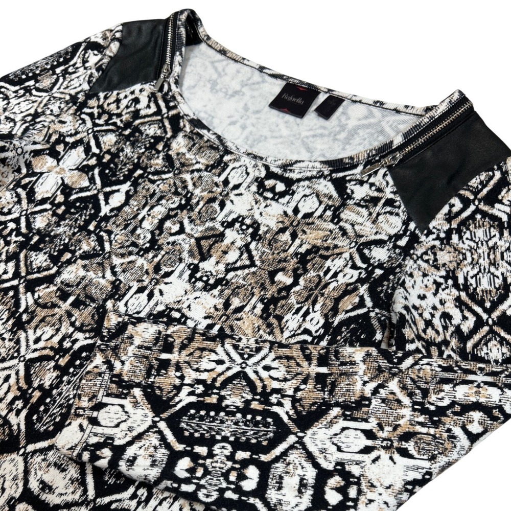 Rafaella Womens Small Black Tan Geometric Medallion Top Faux Leather Zipper Trim